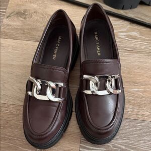 Marc Fisher Dark Red Loafers with Silver Chain Accent